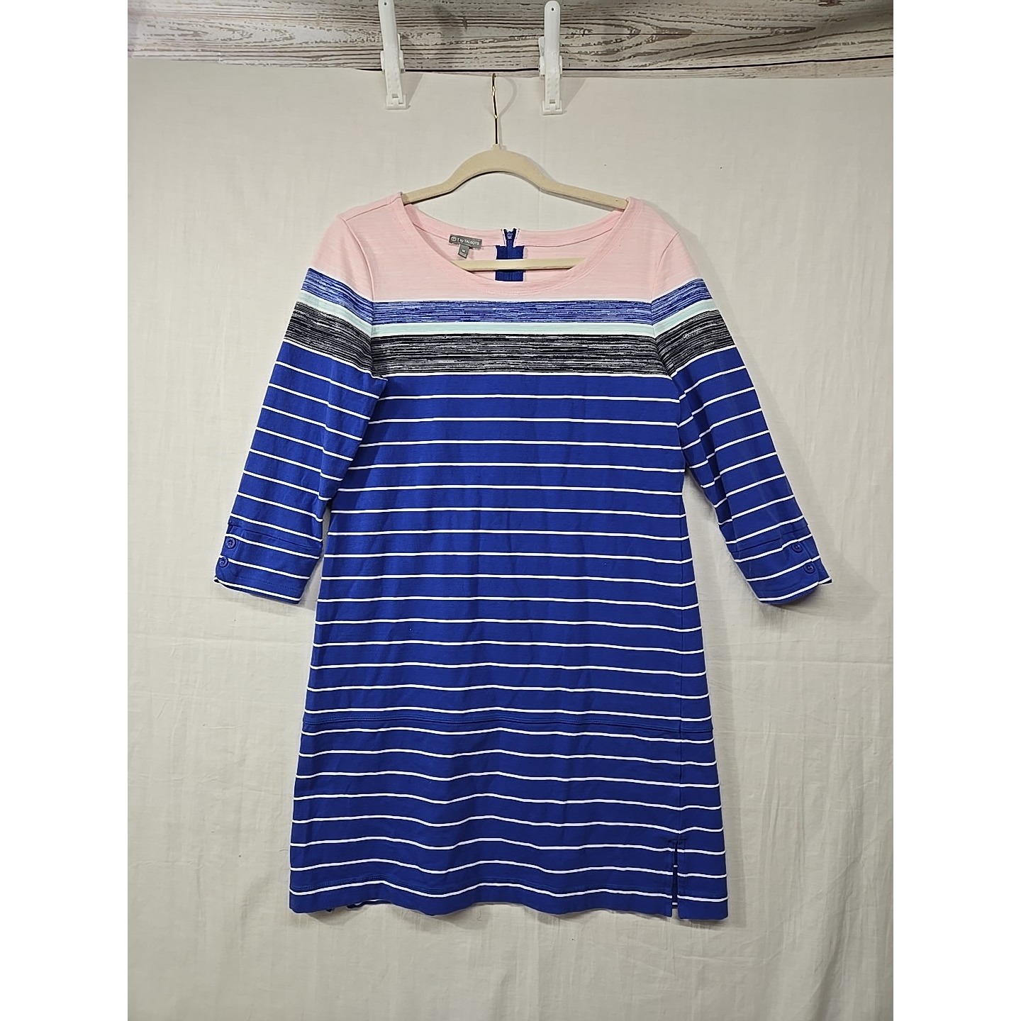 Talbots Women M Blue Pink Striped Cotton Blend 3/4 Sleeves T-Shirt Dress Stretch